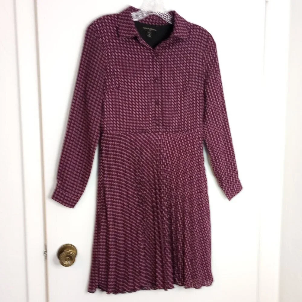 Banana Republic Maroon Geometric Print Pleated Shirt Dress